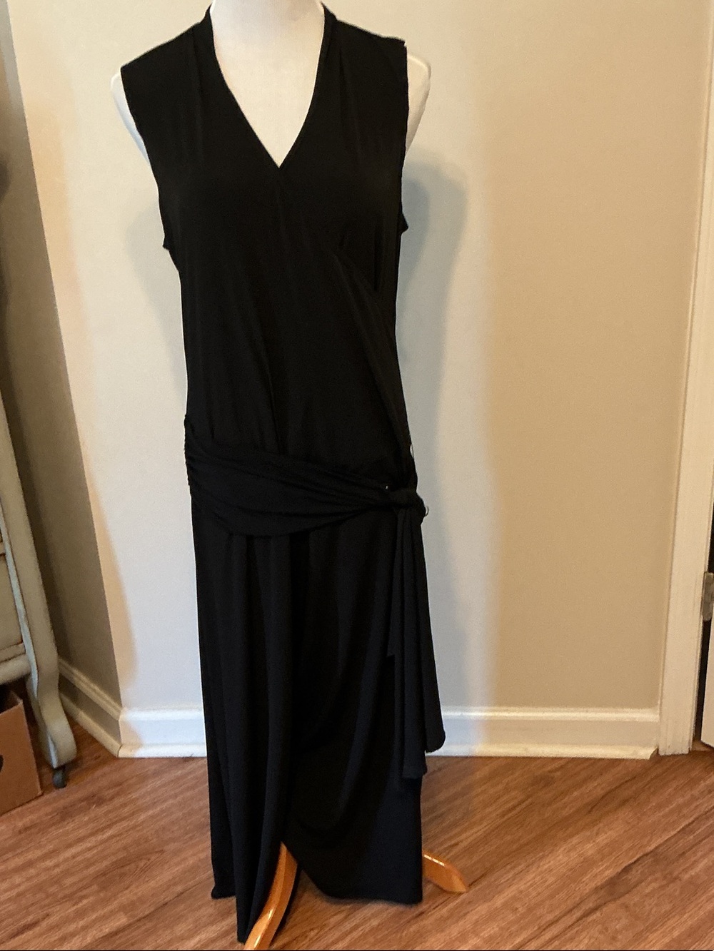 Spiegel Black Sleeveless V-Neck Wide Leg Jumpsuit with Side Knot Belt